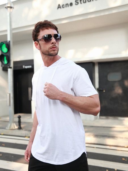 

men drawstring hooded curved hem tee t7hk#, White;black