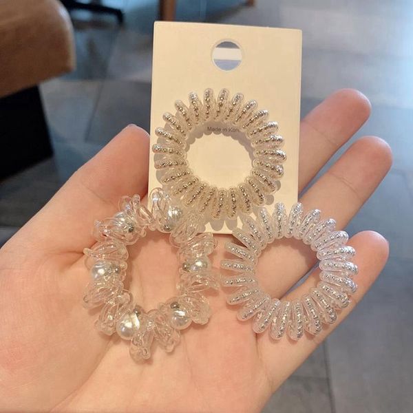 

hair clips & barrettes women gold silver elastic plastic rubber telephone cord twist pearl wire line ties ring band, Golden;silver