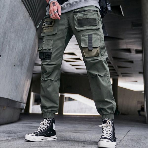 

men's pants men multi pockets hip hop harem man casual joggers elastic waist cargo trousers techwear, Black