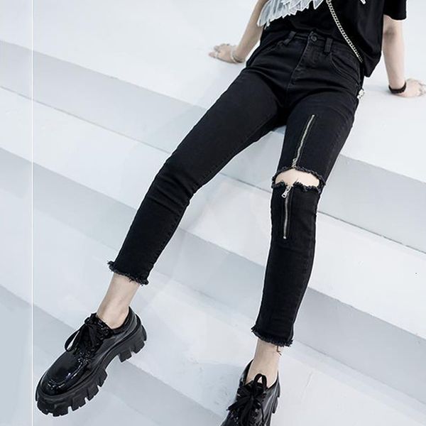 

5xl women's slender pencil plus size broek rits gat ripped jeans women denim vintage high elastic tails random, Blue