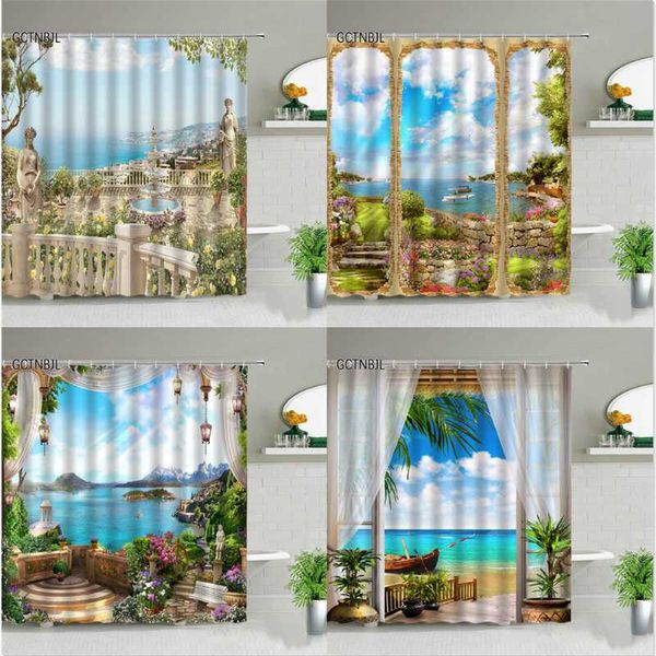 

shower curtains natural scenery mediterranean landscape background wall decor flowers plant bathroom bathtub screen with hooks