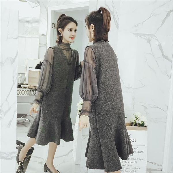 

casual dresses large size women spring 2021 western style suit and dress stitching chiffon thin in the long fishtail two piece, Black;gray