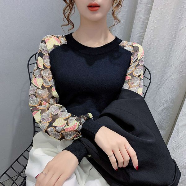 

20212021 spring new european fashion foreign style bottomed women's loose chiffon splicing long sleeve t-shirt, White
