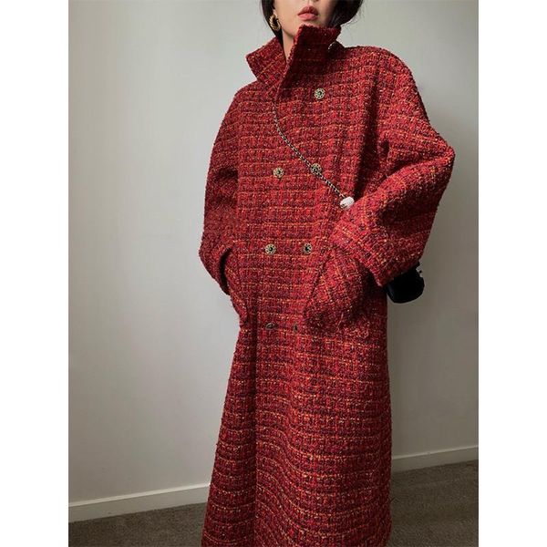 

women's wool & blends 2021 autumn winter french plaid tweed coat for women elegant ladies fashion buttons belted long jacket female ove, Black