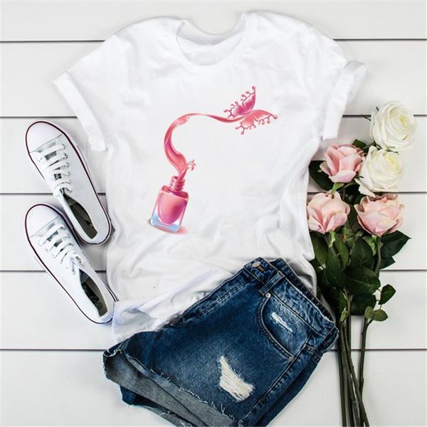 

new fashion woman tshirts aesthetics pink nail-polish butterfly print t-shirts graphic summer short-sleeved femme, White