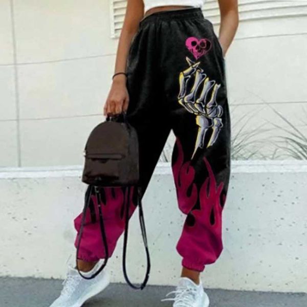 

women's pants & capris women casual skull print patchwork autumn elastic waist pocket wide leg female streetwear plus size warm sweatpa, Black;white
