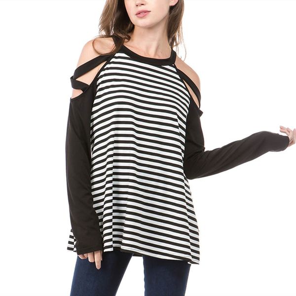 

round neck strapless t-shirt black and white striped long-sleeved mid-length women's simple casual