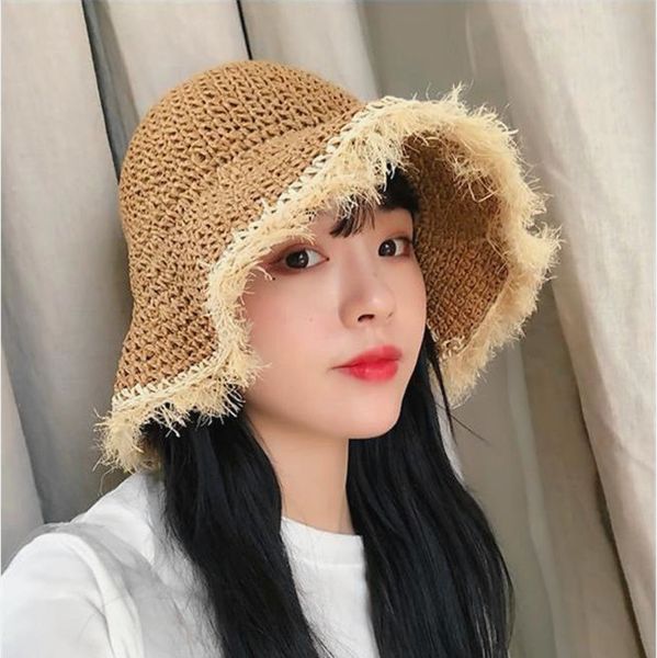 

net red 2020 new female summer sunshade travel anti-ultraviolet sun hat sunscreen tassel fisherman straw hat, Blue;gray