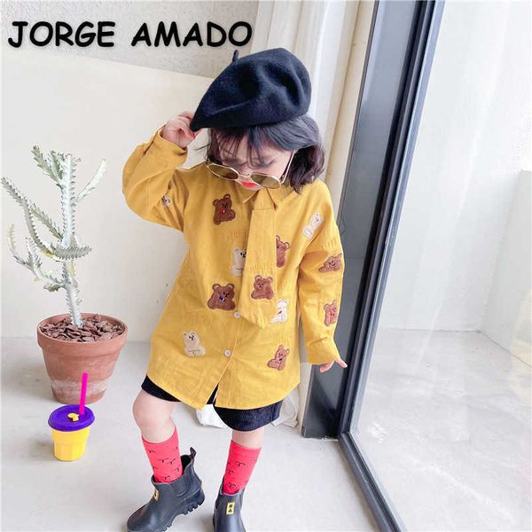 

spring korean style girls shirts yellow bear cartoon embroidery with tie children clothing e3032 210610, White;black