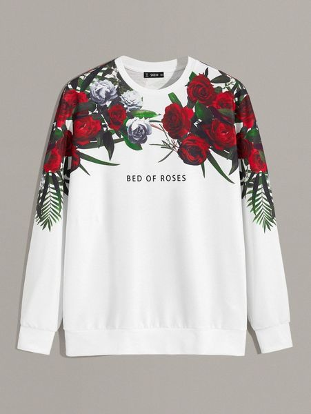 

men crew neck slogan and floral graphic sweatshirt v0in#, Black