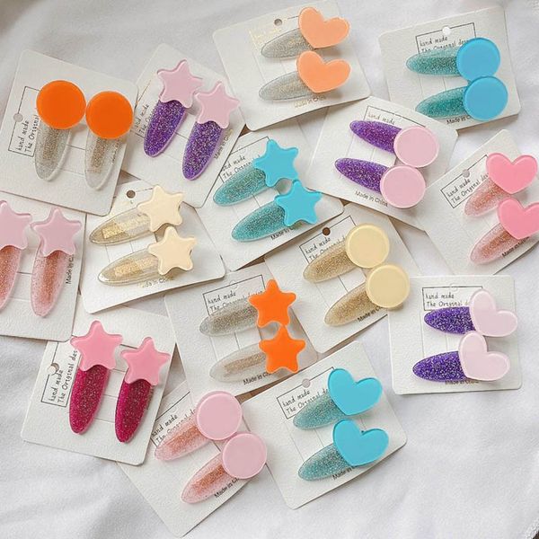 

2pcs/set girls hair clips kids barrettes cute acrylic love star baby bb clip fashion glisten baby girl hair accessories b3957, Slivery;white