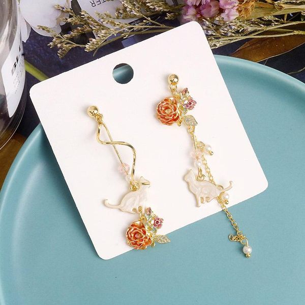 

stud rose flower cat asymmetric earrings simple temperament female fashion jewelry, Golden;silver