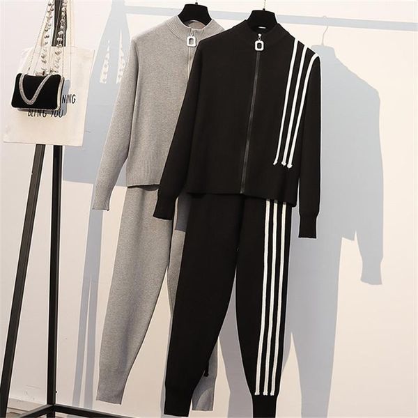

women's two piece pants l-3xl plus size tracksuit women loose knit 2 set turtleneck sweater jacket herem autumn winter outfit cotton, White