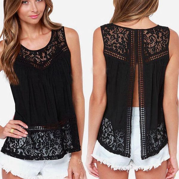 

aq117 open back sleeveless summer blouses shirts women see through lace chiffon blusas femininas, White