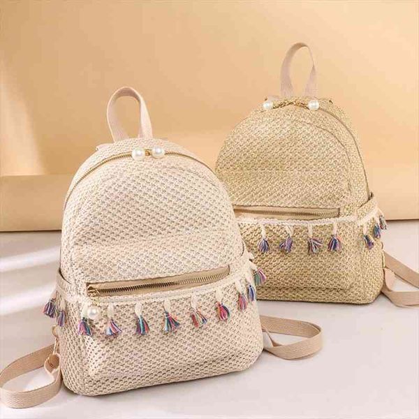 

women straw backpack fashion tassel woven shoulder bag for girl large capacity travel beach bags school