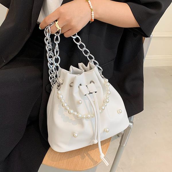 

evening bags pearl chain handbag women fashion shoulder bucket bag soft leather lady cross body shopper summer fresh and wild tide