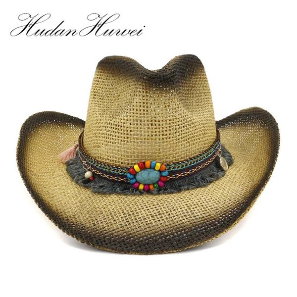 

cloches 2021 breathable women men black spray paint cowboy hats ethnic ribbon decoration summer wide brim sun caps straw hat sunhat