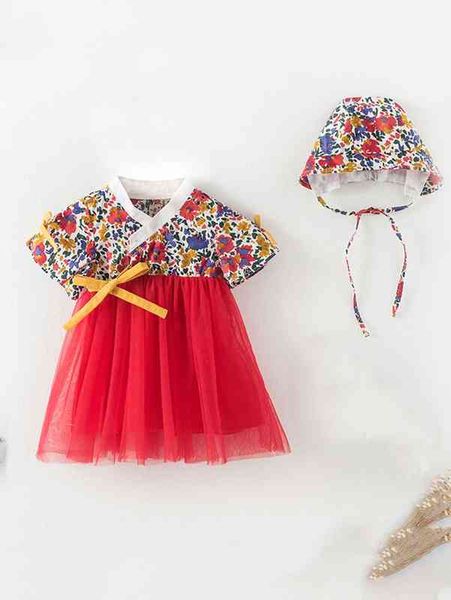 

baby floral print knot front mesh dress with hat she, Red;yellow