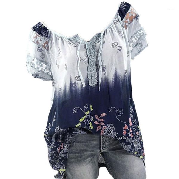 

women plus size blouse short sleeve bandage v neck hallow out lace printed loose shirt tie-dye gradient sumemr #t2g women's blouses &, White