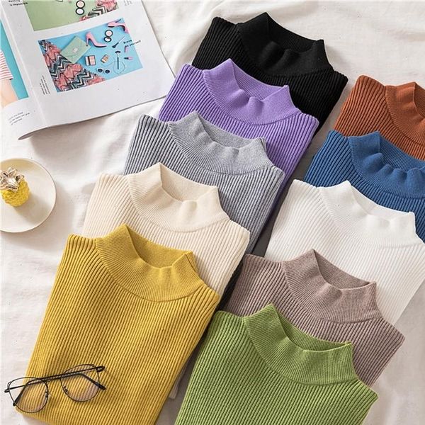 

2021 fall winter woman sweaters half high collar solid color long sleeve basic pullover bottoming sweater korean women clothing, White;black