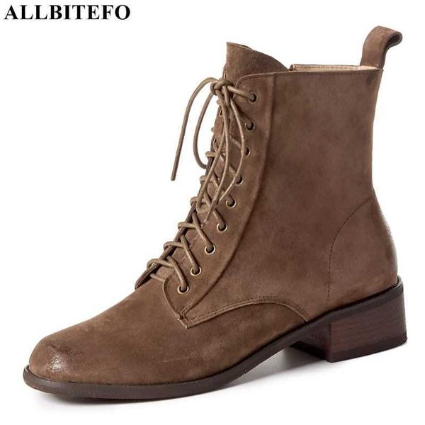 

allbitefo size 34-42 natural suede genuine leather women boots autumn winter fashion cross tied high heel boots motocycle boots 210611, Black