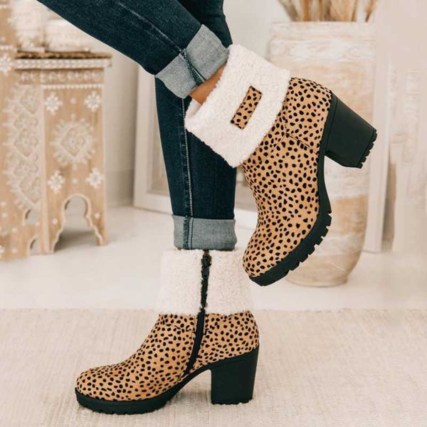 

boots winter women ankle leopard print leather 2021 fashion warm fur motorcycle waterproof female thick with shoes, Black