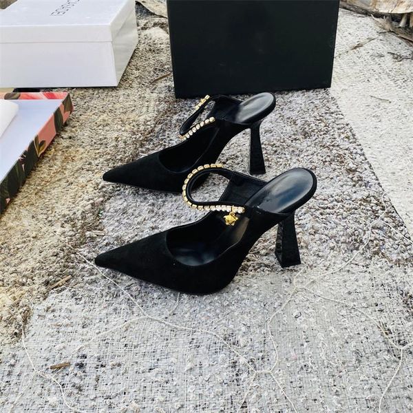 

sandals size 42 women shoes fashion designer bling diamond bordered slippers real leather cow suede slides black pointed toe rome mules