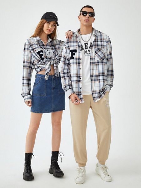 

1pc plaid letter patch button through shirt p9pd#, White;black