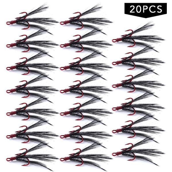 

fishing hooks 20pcs fish hook 4#/6#/8#/10# feather barbed treble tackle