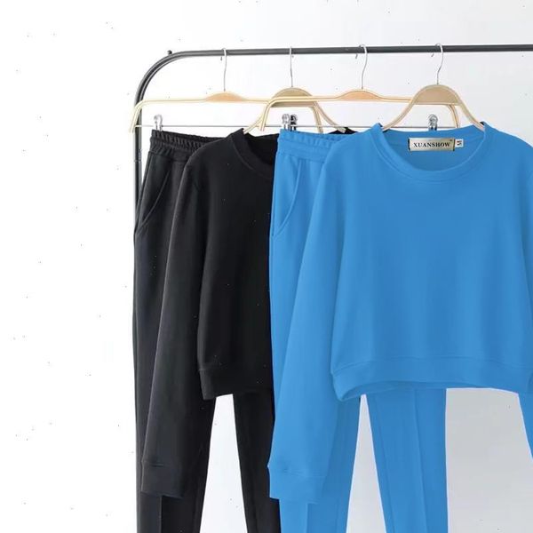 

autumn tracksuit long sleeve solid sweatshirts vintage women clothing 2 piece set crop pants sporting suit female, Gray