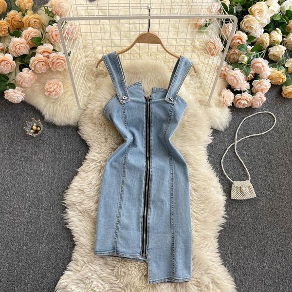 

casual dresses irregular zipper up slim short prom denim dress vintage light blue sling women's summer party evening club, Black;gray