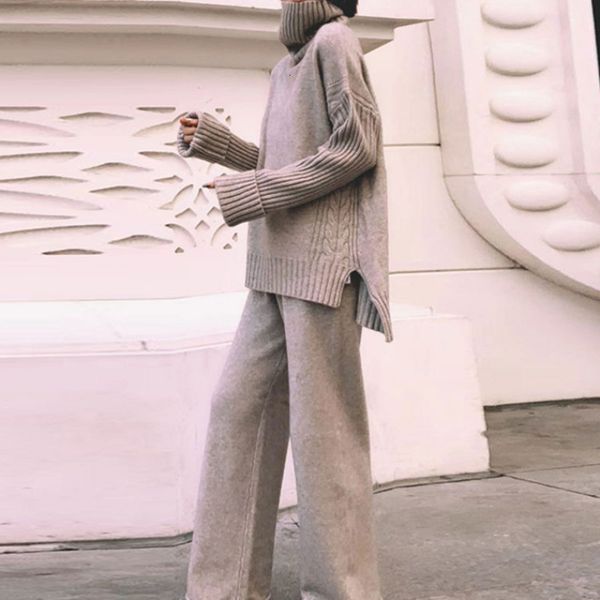 

2021 new two pullover sweater tracksuit high waist knit wide leg pants suit 2 piece set women winter g9ed, Gray