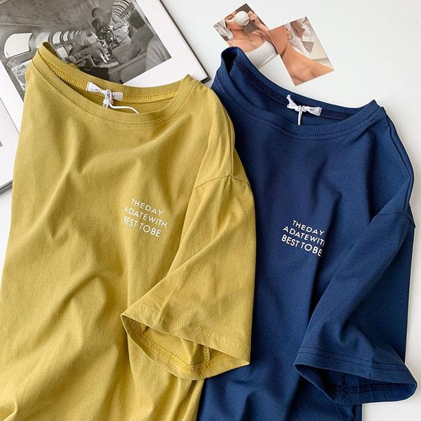 

women's t-shirt summer letter print women boyfriend style o-neck short sleeve cotton pullover female yellow blue fashion, White