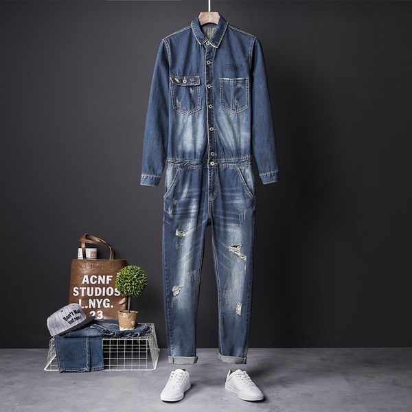 

japanese-style retro auto repair locomotive coveralls men and women denim jumpsuit worn denim suit korean youth, Blue