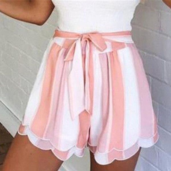 

women's shorts summer women fashion lotus leaf edge striped high waist beachbelted clothing drawstring loose, White;black