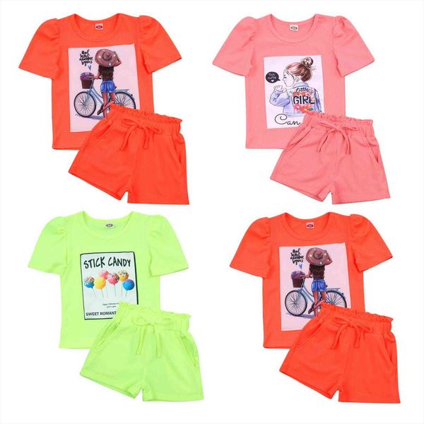 

1 6y summer kids girls clothes sets 2pcs printed short puff sleeve t shirts elastic shorts 3 colors, White