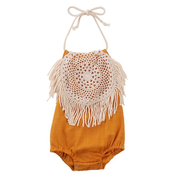 

newborn kid baby girls summer casual tassel loose folk-custom outfit pleated patchwork halter hollow back jumpsuit romper, White
