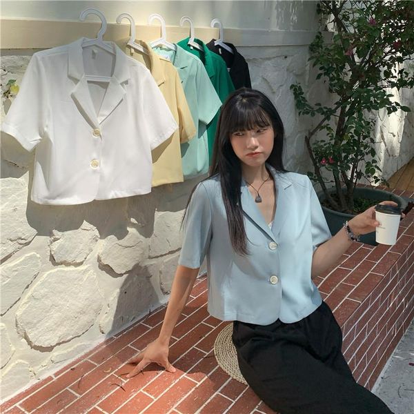 

women's suits & blazers chiffon suit jacket female thin summer korean retro short small all-match short-sleeved shirt office clothing, White;black