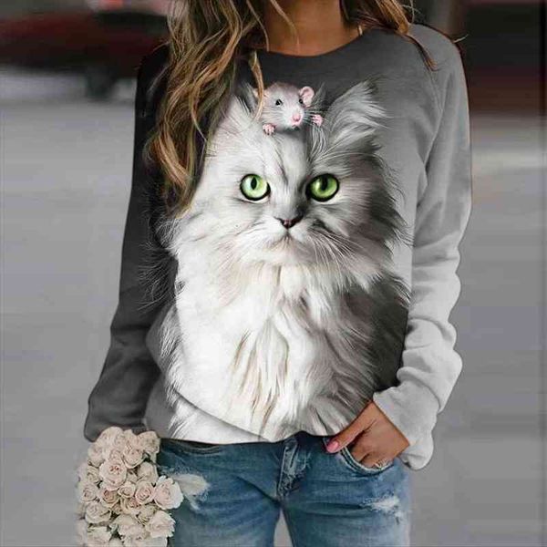 

spring 3d cat and womens shirts mouse print o neck long sleeve casual female pullover plus size camiseta de, White