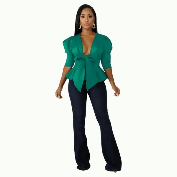 

women's suits & blazers women peplum blouse with waist belt bowtie half sleeves deep v neck party clubwear night date out evening, White;black