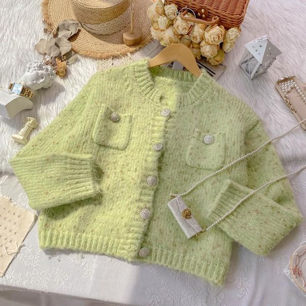 

women's knits & tees knit cardigan 2021 autumn style elegant women green short design sweater loose two pockets coat female, White