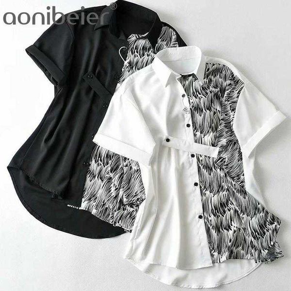 Chic Roll-up manica corta stampata patchwork camicette da donna camicia casual estiva orlo asimmetrico donna top basso alto 210604