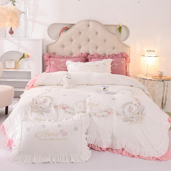 

new luxury white pink 100% cotton love floral embroidery princess bedding set ruffle duvet cover bed sheet bed skirt pillowcases