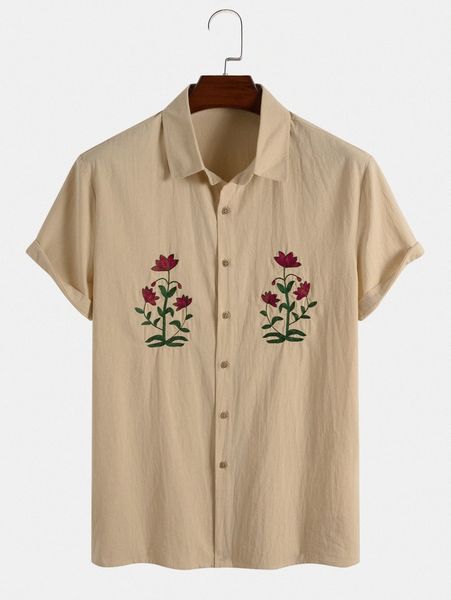 

men floral embroidery button front shirt f82v#, White;black