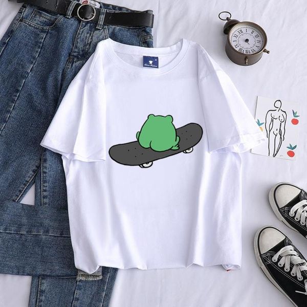 

women's t-shirt 2021 summer back skateboard frog cotton cartoon vintage harajuku graphic tee, White