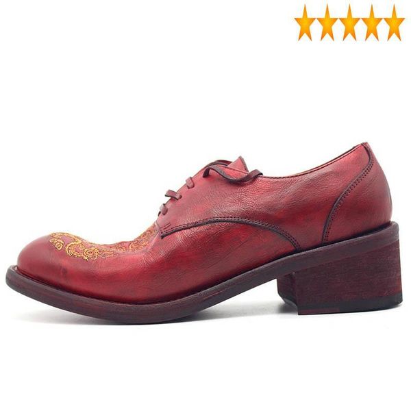

dress shoes chinese 2021 runway fashion red style embroidered genuine derby round toe lace up luxury leather men, Black