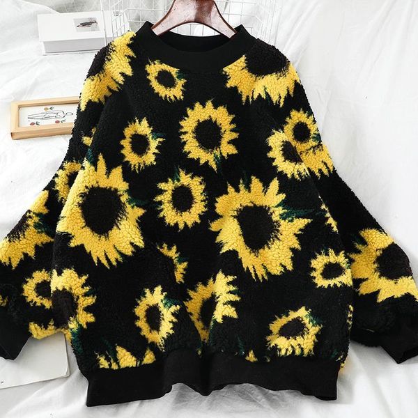 

autumn winter korean new loose sunflower fashion knit sweatshirt women o neck long sleeve sweatshirts loose female pullover wy01, Black