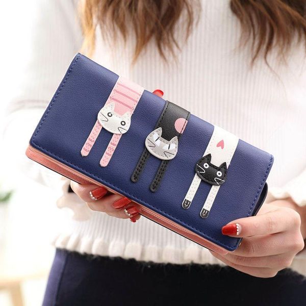 

women wallet cute cat creative female card holder zipper coin long purse ladies clutch pu leather girls, Red;black