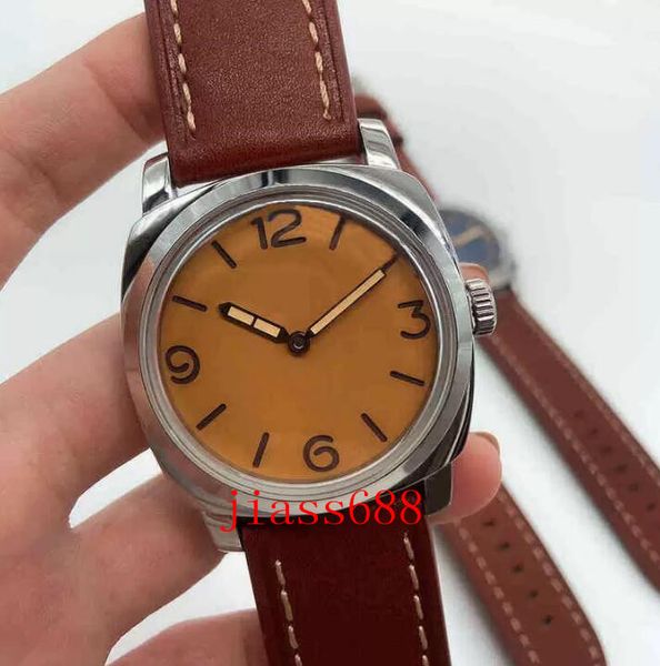 

47mm men's mechanical watch 316l stainless steel polished case 17 jewelry manual movement luminous hand real leather, Slivery;brown