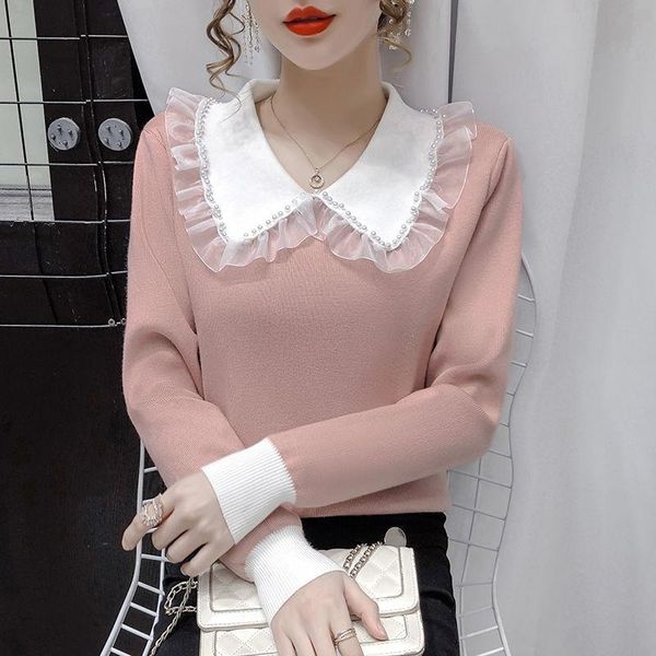 

women's sweaters women 2021 autumn winter knitted bottoming female lace solid color slim ladies fashion warm sweater q393, White;black